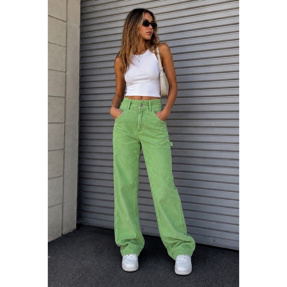 Brandy Melville John Galt Lime Green Corduroy Pants 4/6 Cargo Carpenter Women